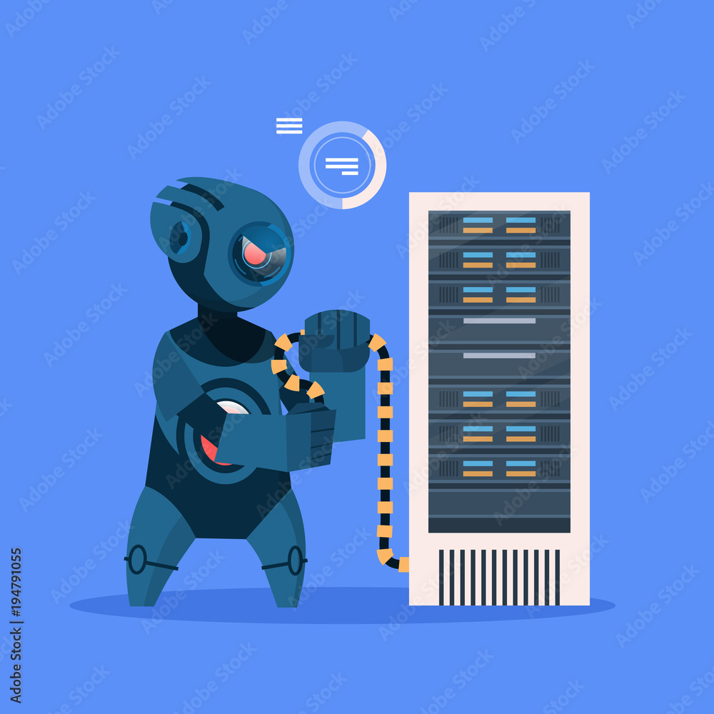 Poster robot hacker on blue background concept modern artificial intelligence technology flat vector illust