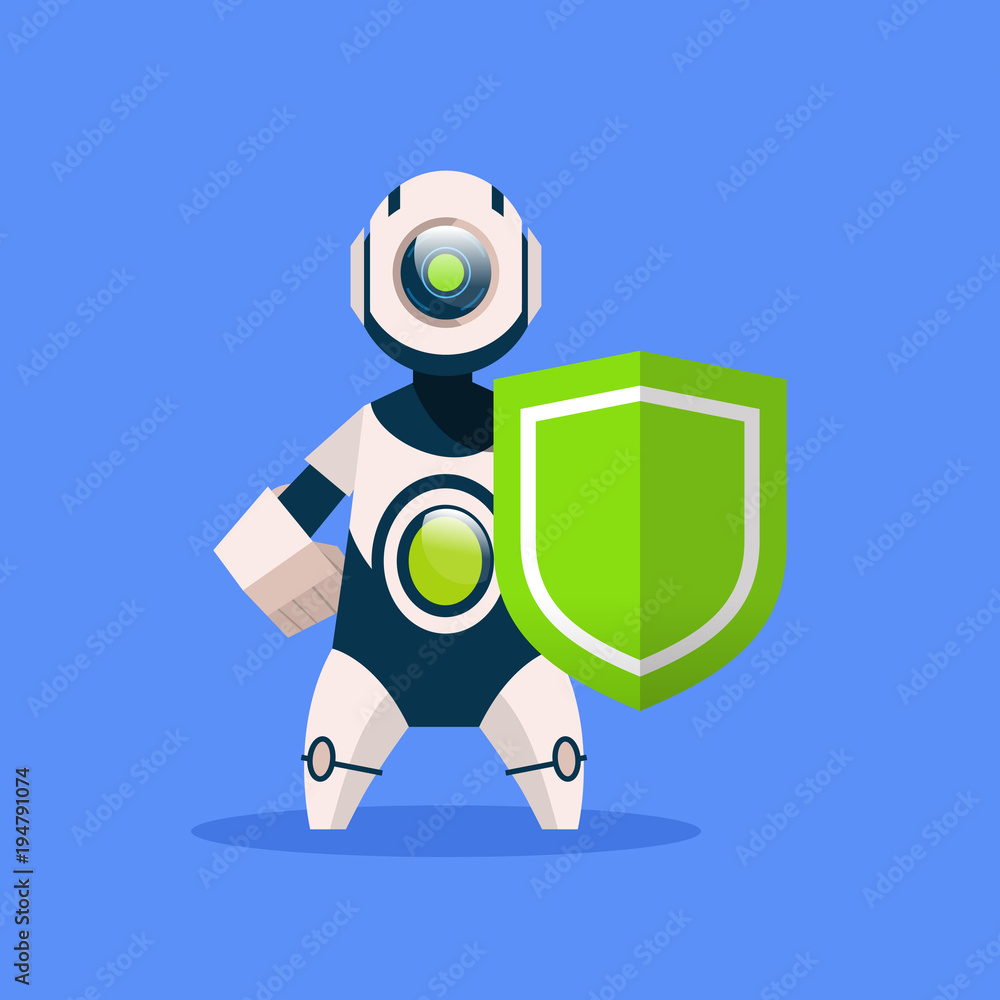 Poster robot hold shield isolated on blue background concept modern artificial intelligence protection tech