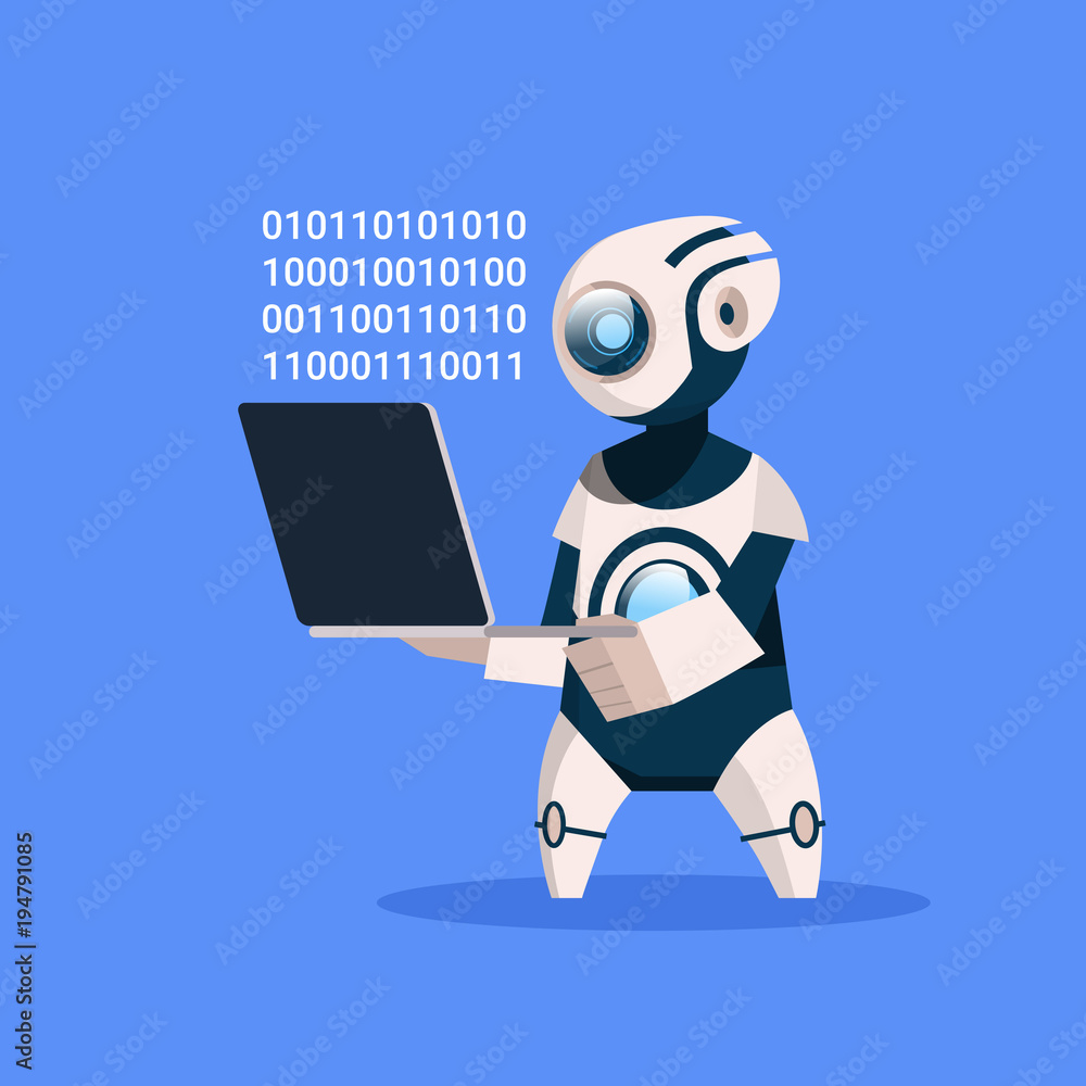 Aufkleber robot hold laptop coding on blue background concept modern artificial intelligence technology flat v