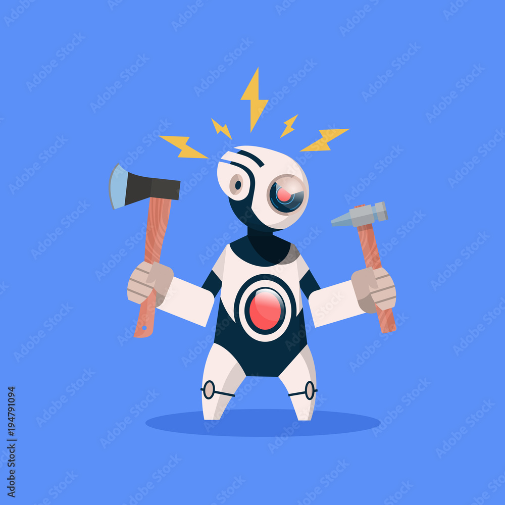 Poster robot broken hold hammer on blue background concept modern artificial intelligence technology flat v