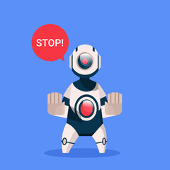 Robot Showing Stop Sign Cyborg Isolated On Blue Background Concept Modern Artificial Intelligence Technology Flat Vector Illustration