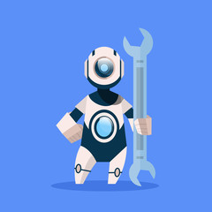 Robot Holding Wrench Cyborg Isolated On Blue Background Concept Modern Artificial Intelligence Technology Flat Vector Illustration