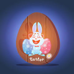 Funny Rabbit Holding Colofrul Eggs At Happy Easter Greeting Card Element Flat Vector Illustration