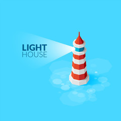 Flat isometric red lighthouse icon on blue sea