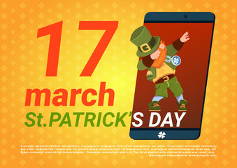 Happy Saint Patricks Day Template Background With Green Leprechaun In Smart Phone Flat Vector Illustration