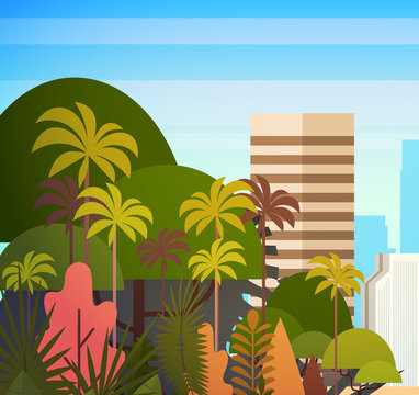 Palm Tree Park Over City Buildings Skyscrapers Background Summer Cityscape On Sunset View Vector Illustration