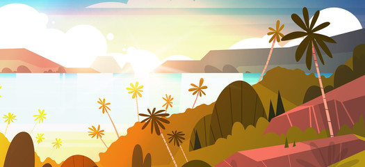 Amazing Sunset On Seaside Horizontal Banner, Tropical Landscape Summer Beach With Palm Tree Exotic Resort Poster Flat Vector Illustration
