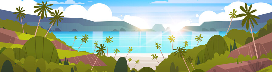 Fototapeta na wymiar Beautiful Seaside Landscape Summer Beach With Mountains, Blue Water And Palm Trees Exotic Resort Horizon Flat Vector Illustration
