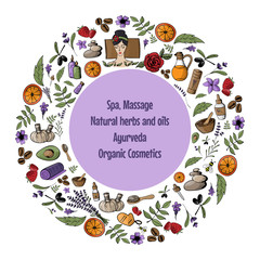 Vector illustration with cartoon spa, massage, organic cosmetics, ayurveda, natural herbs and oils background in a circle with frame and space for text