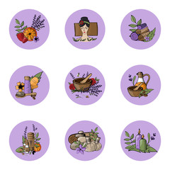 Vector icons relaxation, spa, massage, organic cosmetic, wellness therapy, natural cosmetics, bio, health and body care,  alternative medicine. Violet Lavender coloure