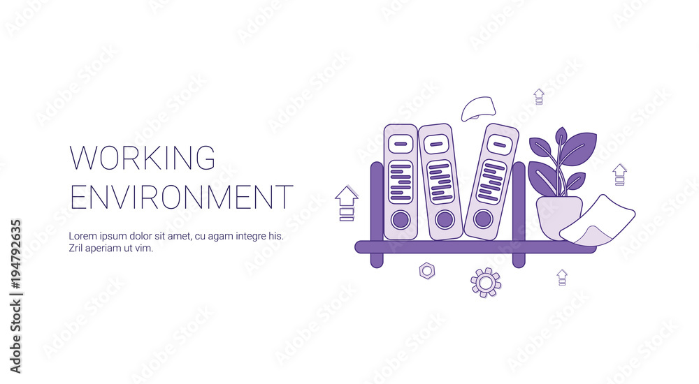 Poster working environment workplace concept template web banner with copy space vector illustration