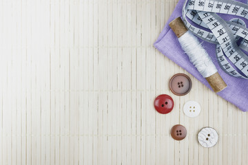 Spools of thread, centimeter measurement standards for sewing, needlework. Copy space for text