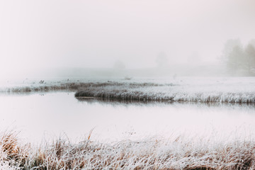 Early foggy morning on the shore of the lake mirror. Frost on the grass near the water.
