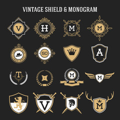 set of vintage monogram and shield elements
