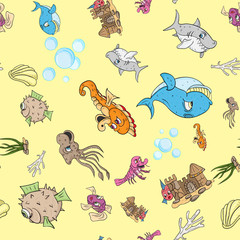 naadloze patroonillustratie van onderwatervissen en waterbewoners, onderwaterwereld, gele achtergrond