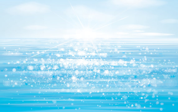 Vector blue sea  and  sun shine sky.  Blue water  background, bokeh effect.