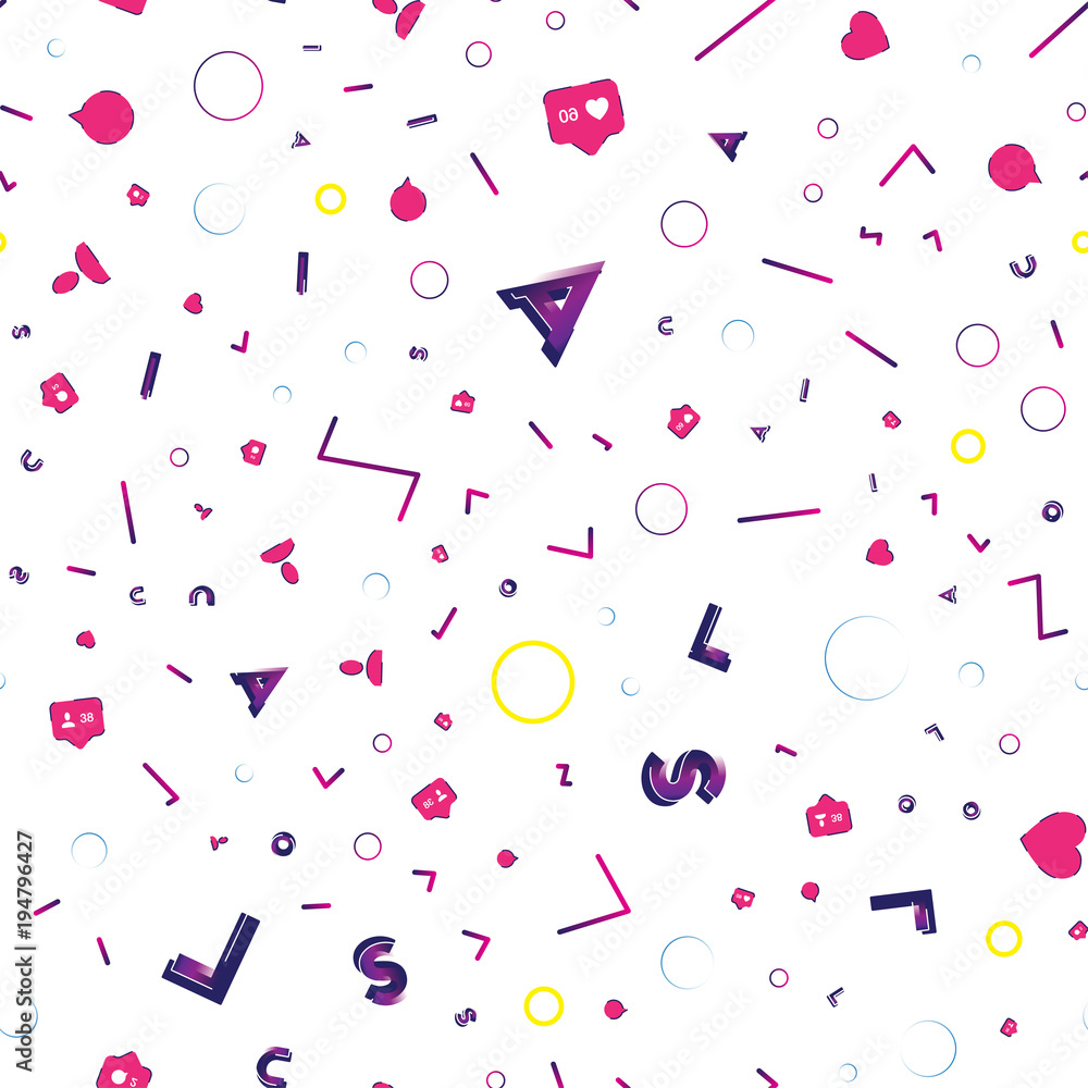 Poster seamless pattern with icons of social networks and symbols of notifications. flat vector illustratio