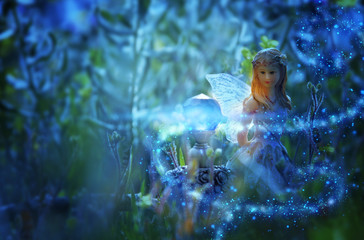 image of magical little fairy in the night forest.