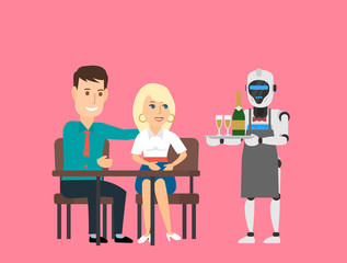 couple in cafe and robot waiter holding tray with champagne
