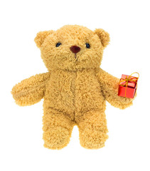 Brown teddy bear hand hold red gift box on a white background., Isolated
