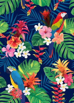Seamless tropical pattern with macaw bird, guzmania, hibiscus flowers and palm leaves background. Vector set of exotic tropical garden for holiday invitation, greeting card and textile fashion design.