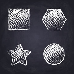 Square, hexagon, star, circle. Geometric figures on chalkboard background.Chalk drawn illustration. 