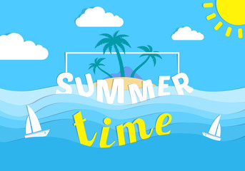 summer time sea waves island .paper cut style background