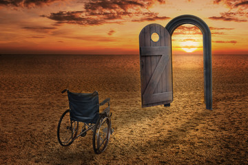 Wheelchair access and dimension door in the evening desert atmosphere,