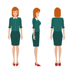 Vector illustration of business woman in official clothes. People character in front back and side view.