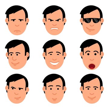 Cartoon man's head set of emoji.  Yes, no, joy, shock, resentment, anger, suspicion, cool emotions.