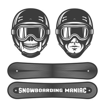Snowboarding logo with man's head in helmet and goggles, snowboard and heraldic ribbon. Retro style. Worn texture and dots on separate layers and can be disabled.