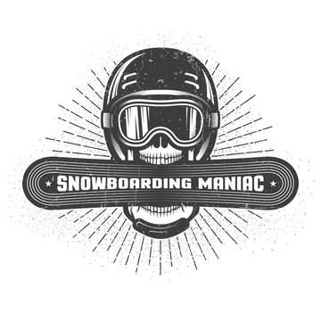 Snowboarding logo with man's head in helmet and goggles, snowboard and heraldic ribbon. Retro style. Worn texture and dots on separate layers and can be disabled.