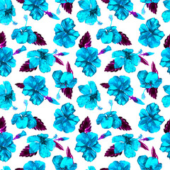 Watercolor Seamless Pattern. Hand Painted Illustration of Tropical Leaves and Flowers. Tropic Summer Motif with Hibiscus Pattern.