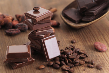 Broken dark chocolate, cocoa powder and coffee beans on a wooden table
