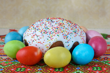 Traditional Easter cake with painted eggs prepared for the celebration of Easter