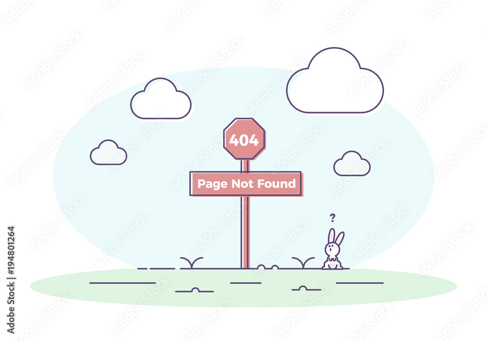 Poster 404 page not found illustration concept with signboard with a rabbit looking at it confused. vector 