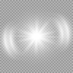 Bright white highlight from the lens on a transparent background. Brilliant vector illustration with light effect