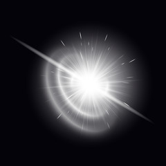 Bright explosion of a star on a black background. Brilliant illustration with light effect for festive decoration