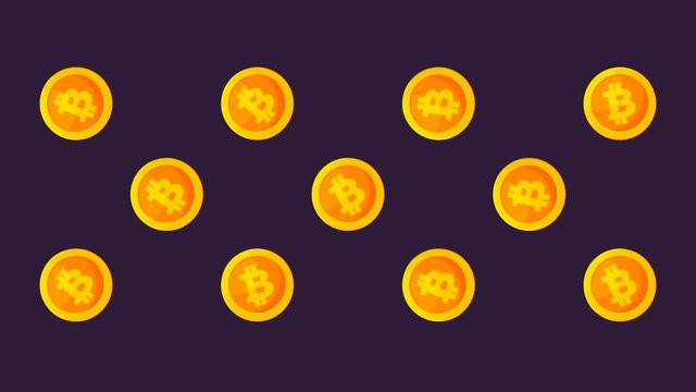 Pattern with bitcoin in cartoon style. Crypto currency change it size from small to big, rotates, fall and back