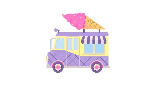 Cartoon bright truck and pink ice cream cone from above. Cute footage in flat style. Doodle food concept. Animation with alpha channel.