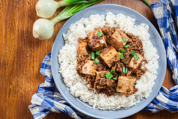 Mapo Tofu - sichuan spicy dish served with rice