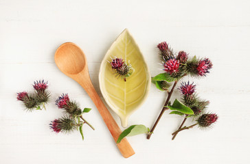 Purple burdock flower heads, plate with herbal oil, top view white wooden table. Natural beauty care treatment.  © Anna_ok