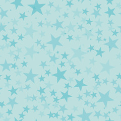 Turquoise stars seamless pattern on light blue background. Alluring endless random scattered turquoise stars festive pattern. Modern creative chaotic decor. Vector abstract illustration.