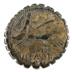 Roman Republic Coin. Ancient Roman silver denarius of the family Claudia. Reverse.