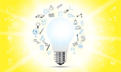 Concept on the topic of ideas and education. A realistic light bulb with lighting and a set of doodle icon isolated on yellow background with shadow