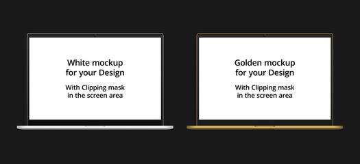 Vector laptop mockup, white and golden