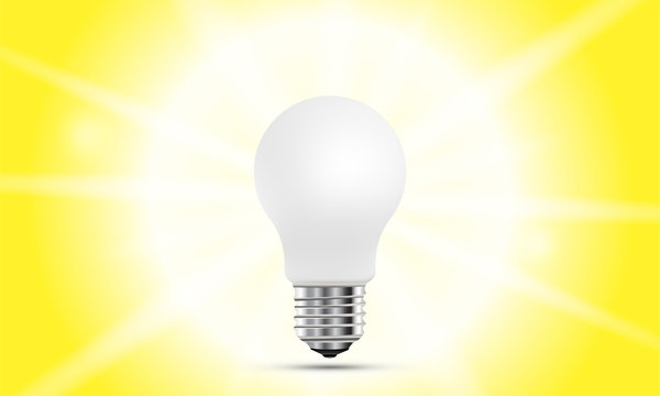 Concept on the topic of ideas. A realistic light bulb with lighting isolated on yellow background with shadow