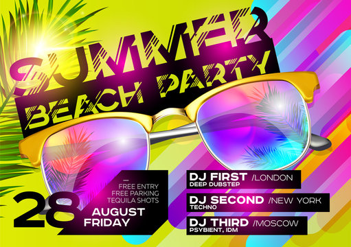 Summer Beach Party Poster for Music Festival. Electronic Music Cover Design for Summer Fest or DJ Party Flyer. Bright Green Background with Sunglasses and Palm Leaf. Summer Vibes.