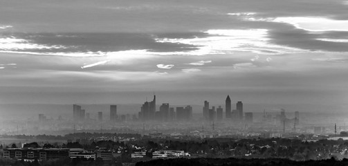 view to skyline of Frankfurt in sunrise