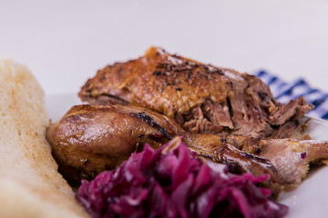roast crispy duck wit red cabbage and dumplings eastern central european traditional rustic recipe 